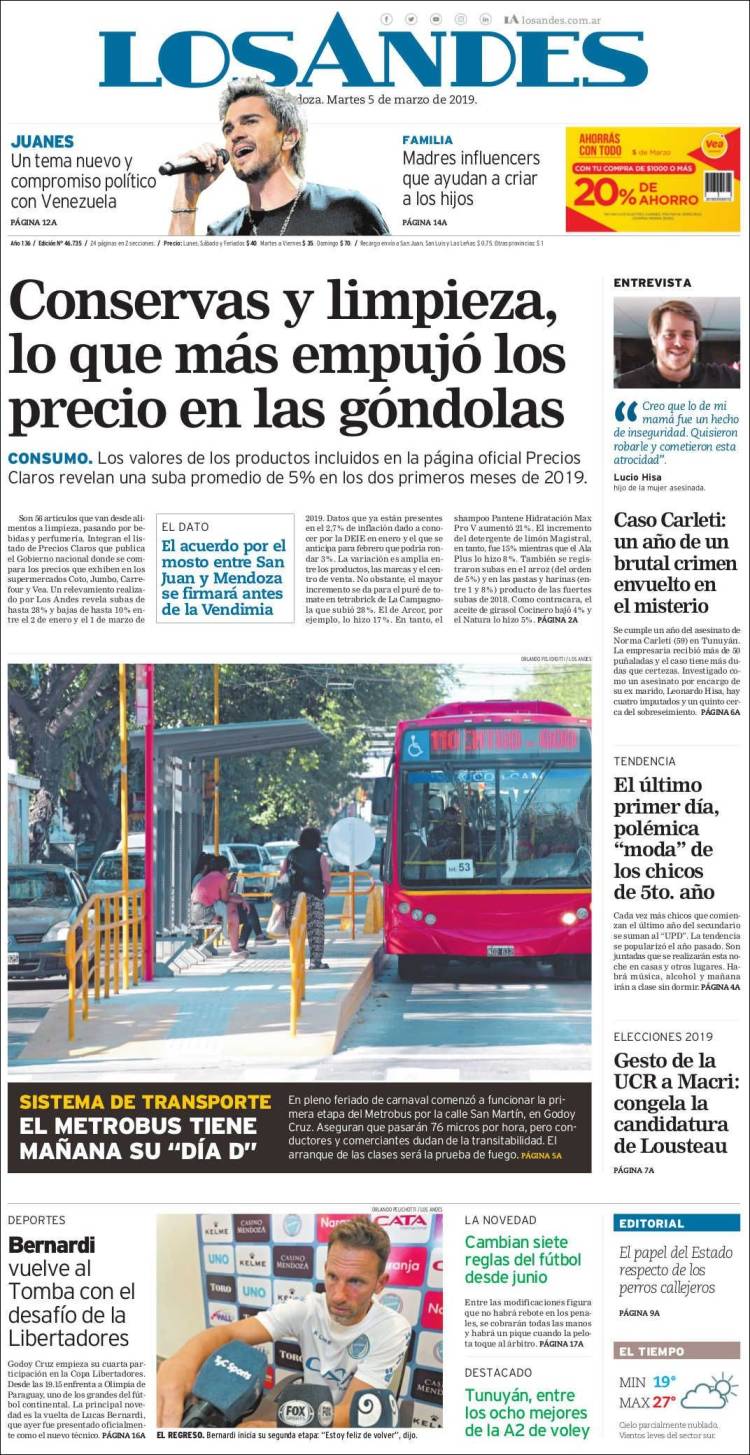 Portada de Los Andes - Mendoza (Argentina)