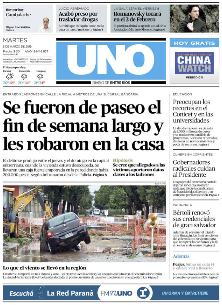 Portada de Diario Uno de Entre Ríos (Argentina)