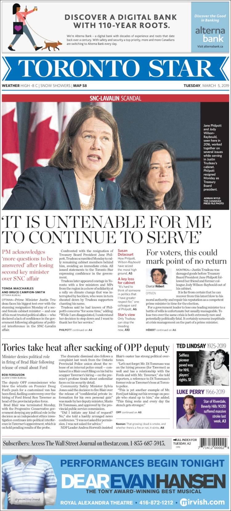 Portada de The Toronto Star (Canadá)