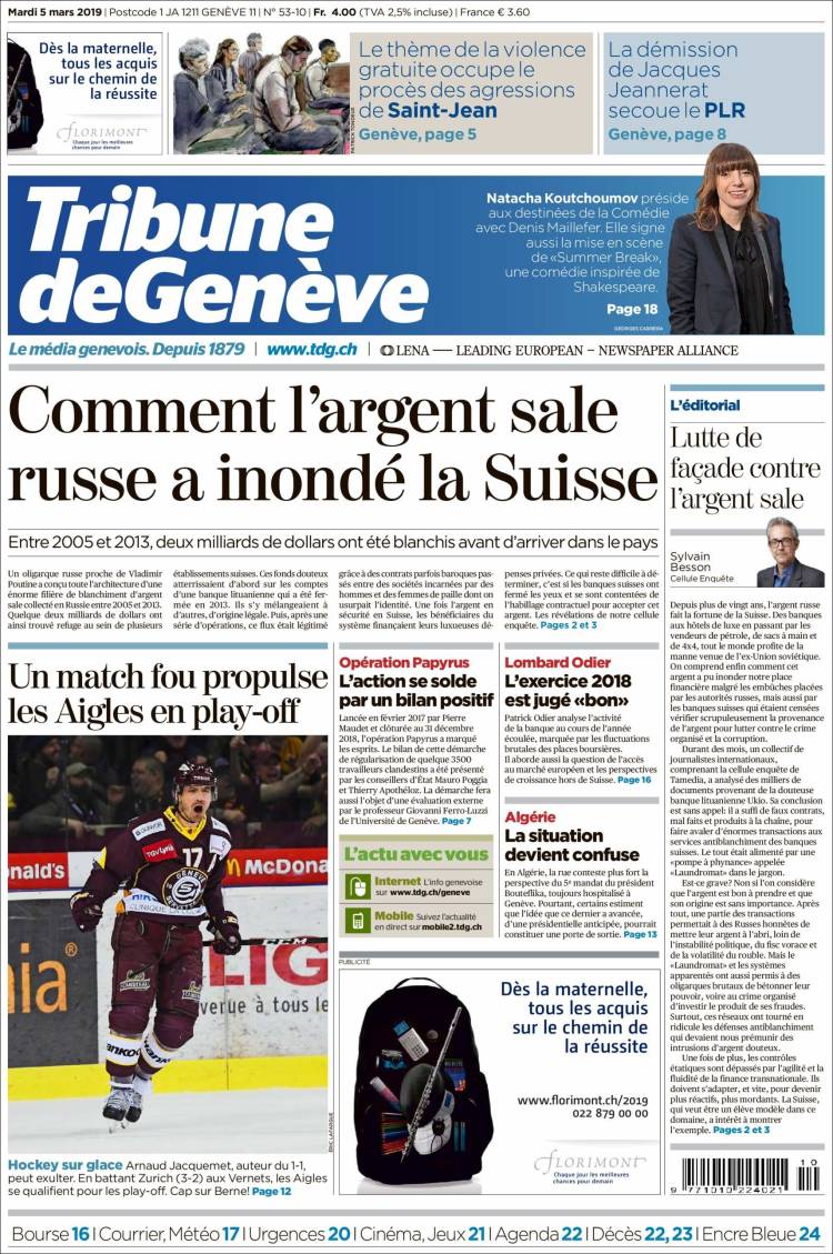 Portada de La Tribune de Genève (Suiza)