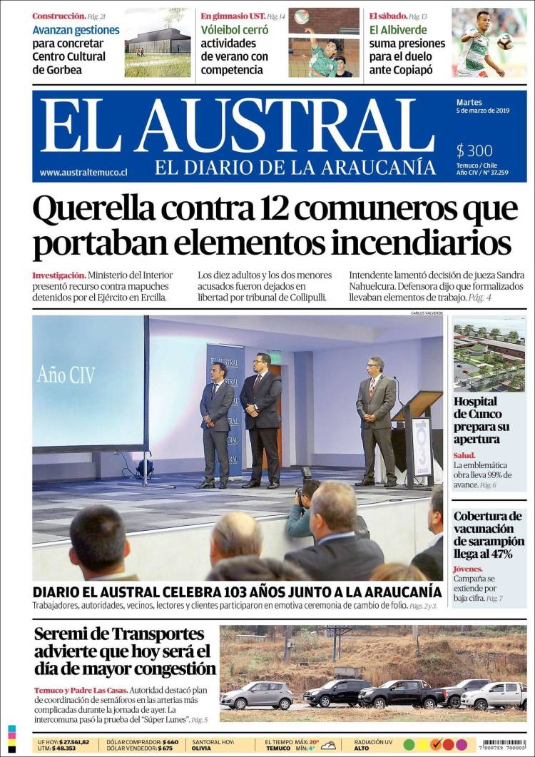 Portada de El Austral de Temuco (Chile)