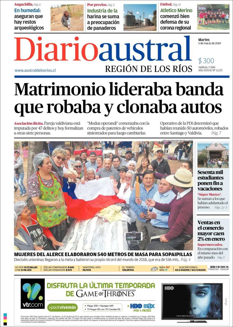 Portada de El Diario Austral de Valdivia (Chile)