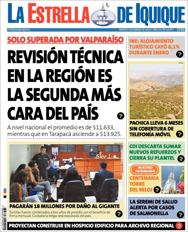 Portada de La Estrella de Iquique (Chile)
