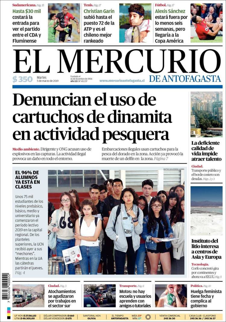 Portada de El Mercurio de Antofagasta (Chile)