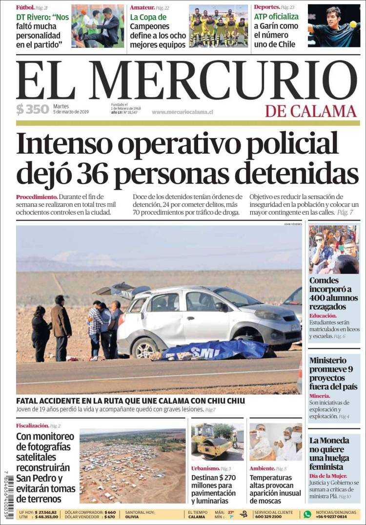 Portada de El Mercurio - Calama (Chile)