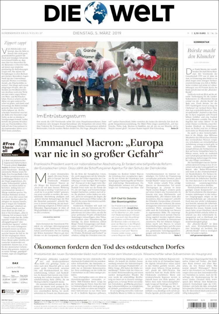Portada de Die Welt (Alemania)