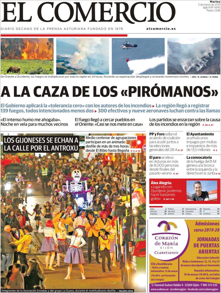 Portada de El Comercio (Espagne)