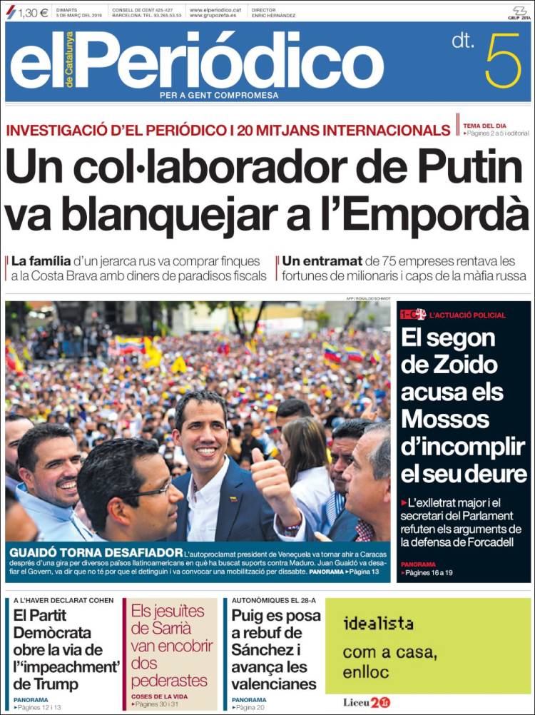 Portada de El Periódico de Catalunya (España)