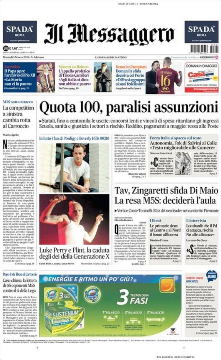Portada de Il Messaggero (Italia)