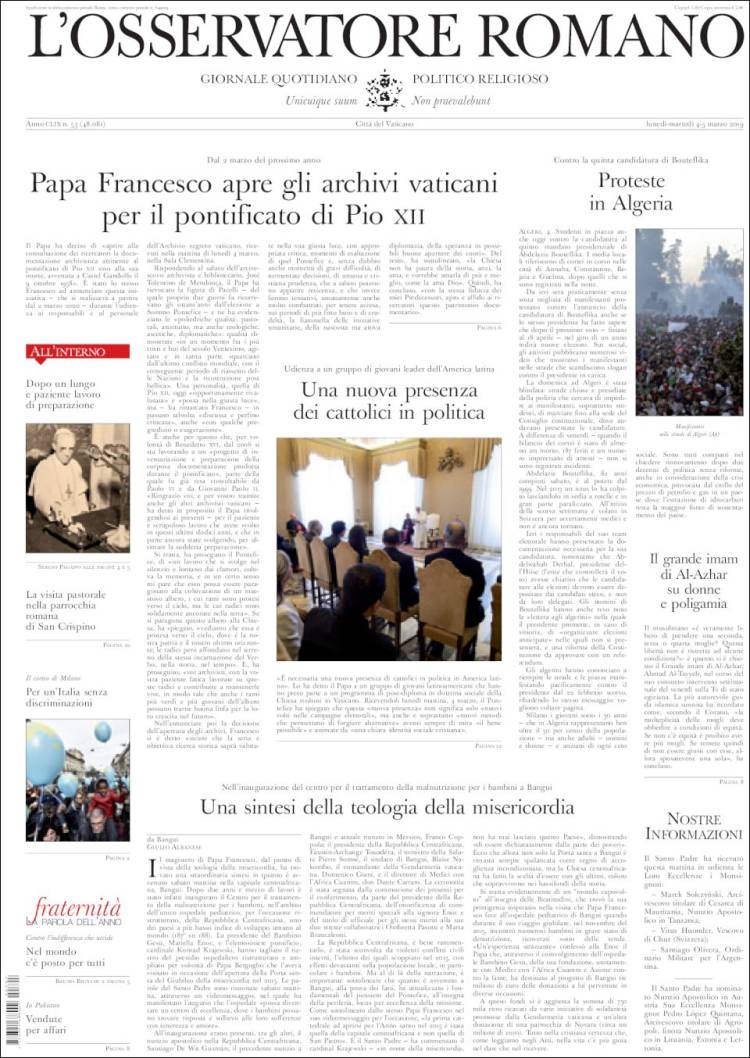 Portada de L'Osservatore Romano (Italia)