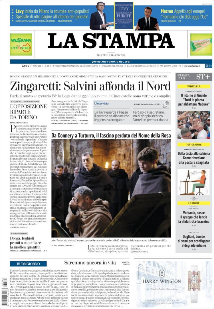 Portada de La Stampa (Italia)