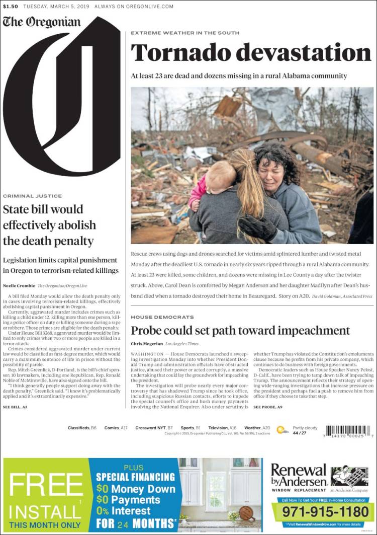 Portada de The Oregonian (USA)