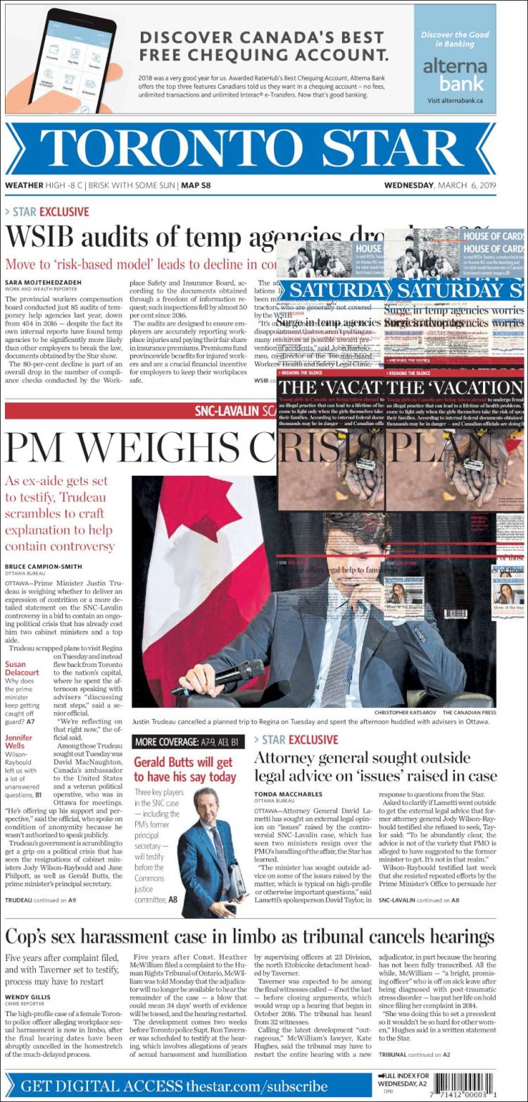 Portada de The Toronto Star (Canadá)