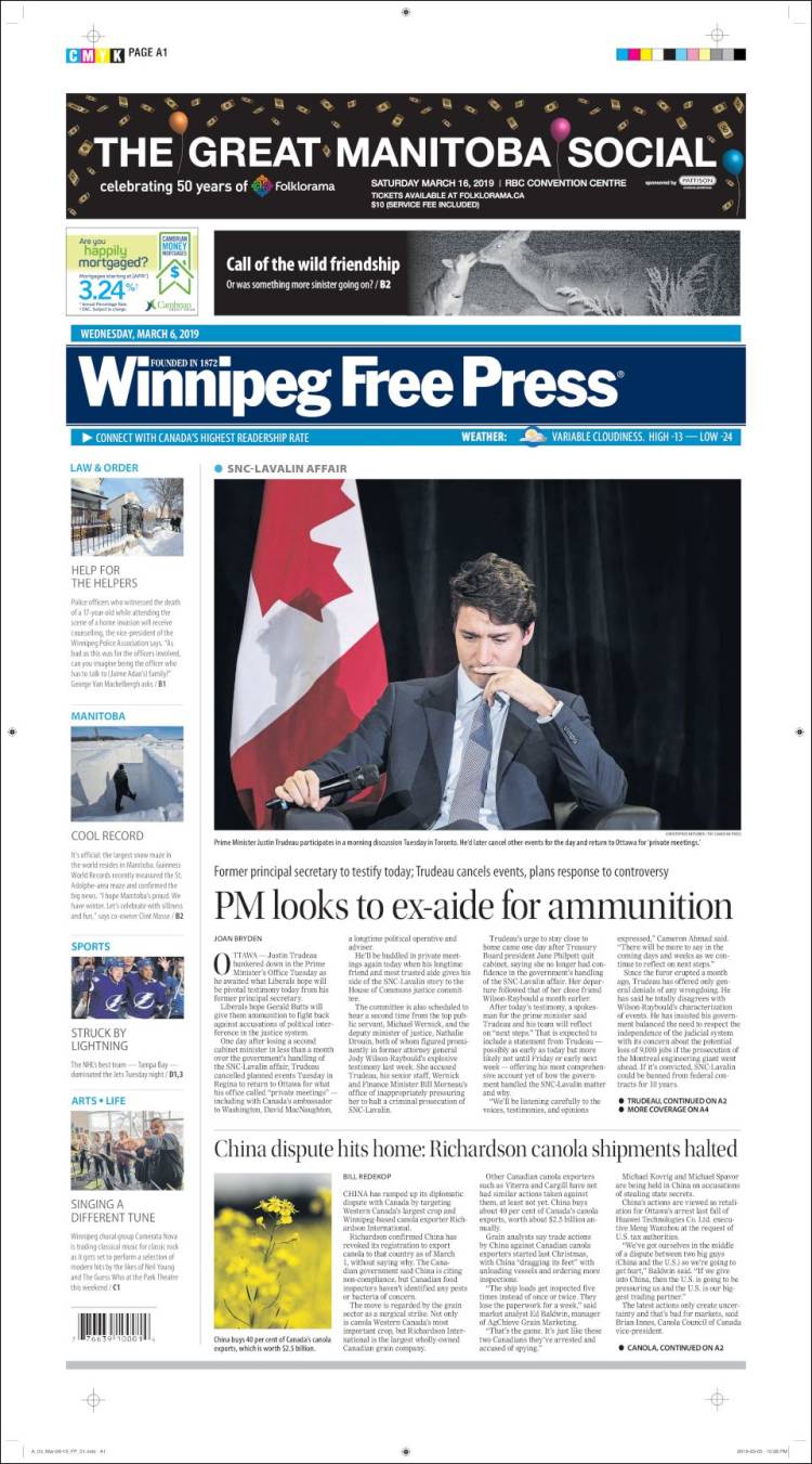 Portada de Winnipeg Free Press (Canadá)