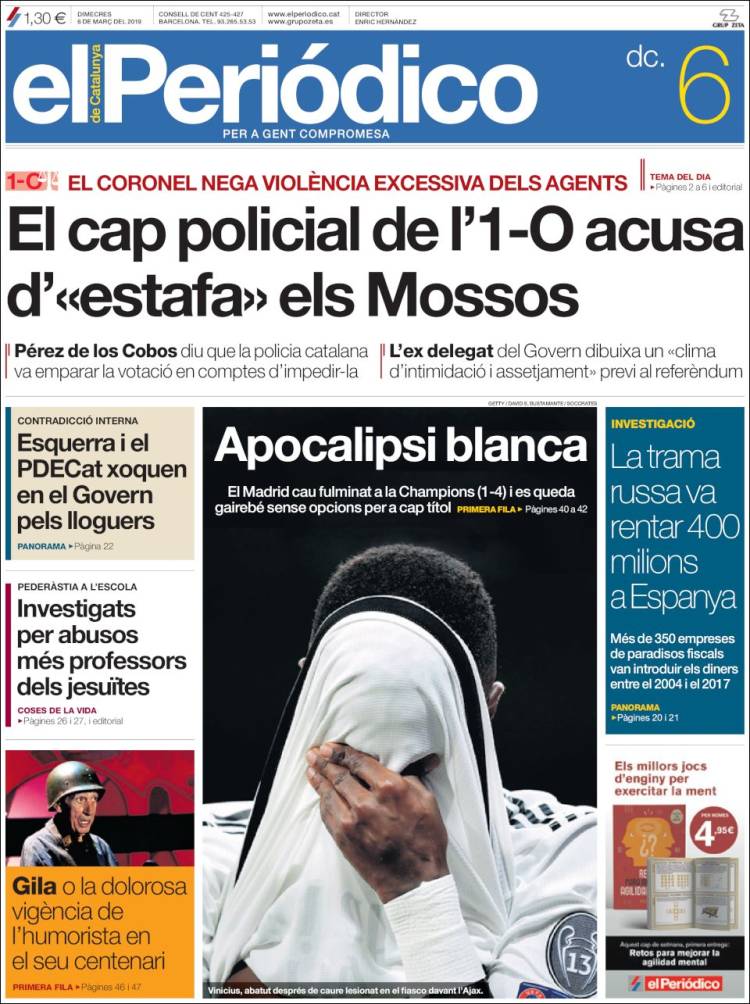 Portada de El Periódico de Catalunya (España)