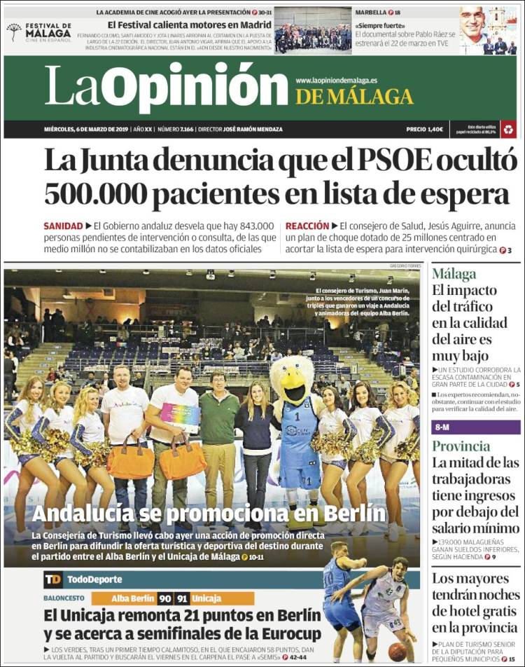 Portada de La Opinión de Málaga (España)