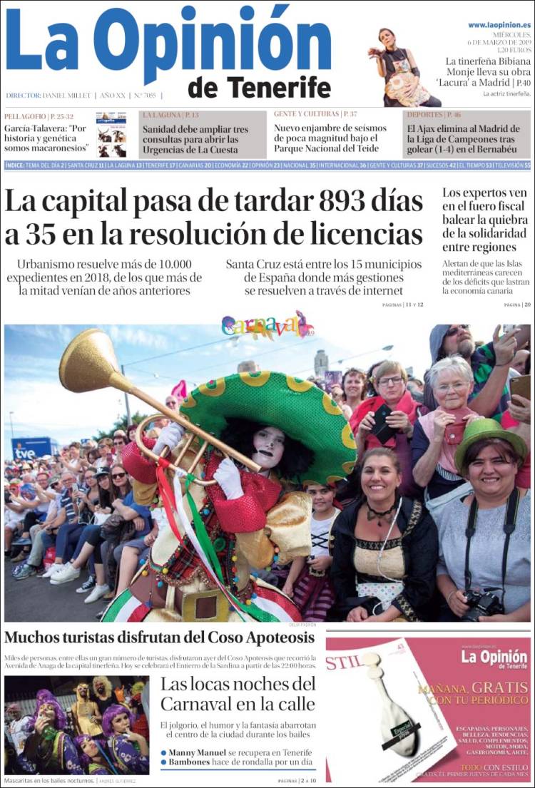 Portada de La Opinión de Tenerife (España)