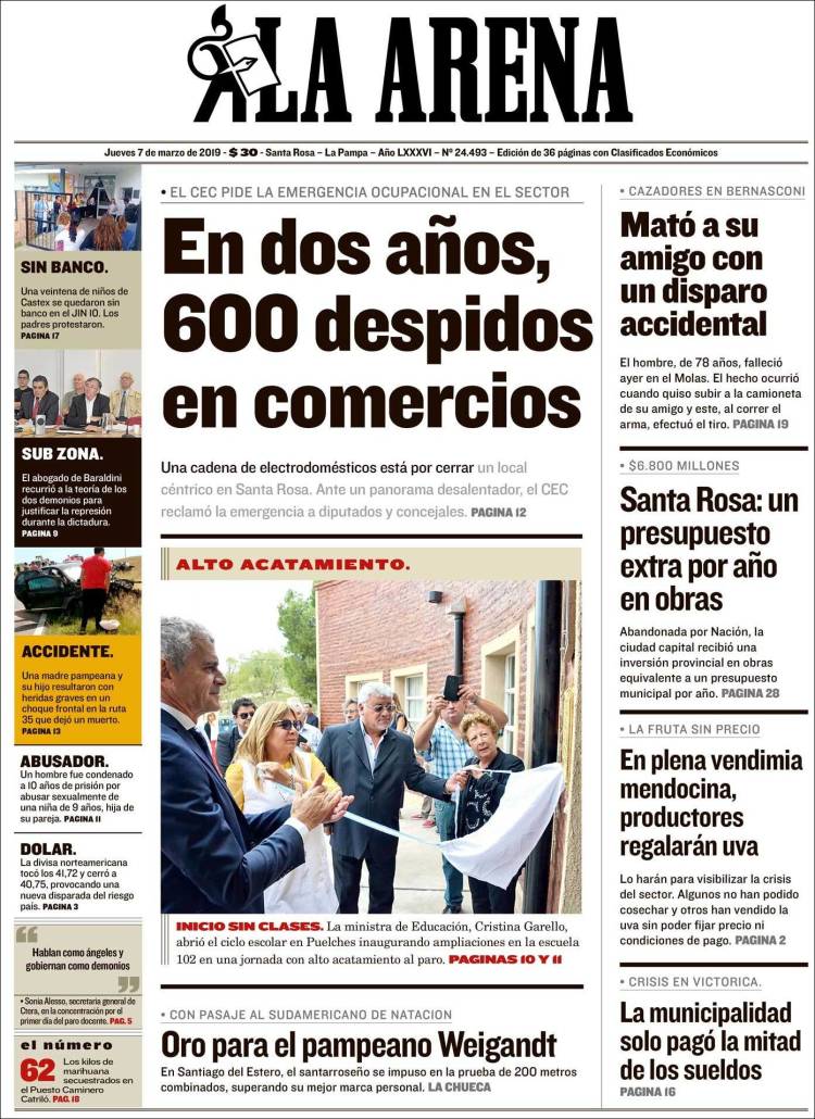 Portada de Diario La Arena (Argentina)