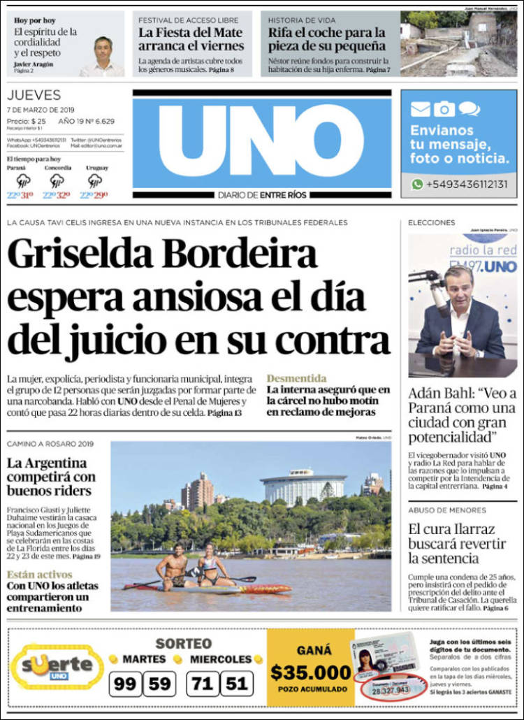 Portada de Diario Uno de Entre Ríos (Argentina)