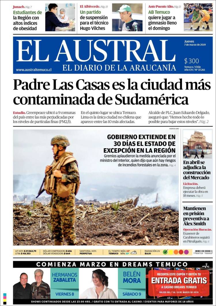 Portada de El Austral de Temuco (Chile)