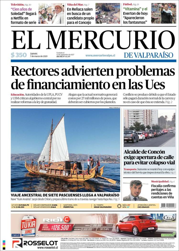 Portada de Mercurio de Valparaiso (Chile)