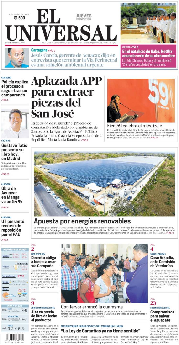 Portada de El Universal (Colombia)