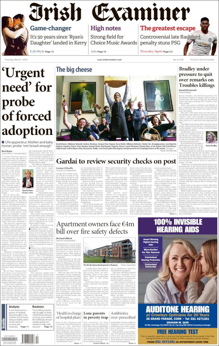 Portada de Irish Examiner (Irlanda)