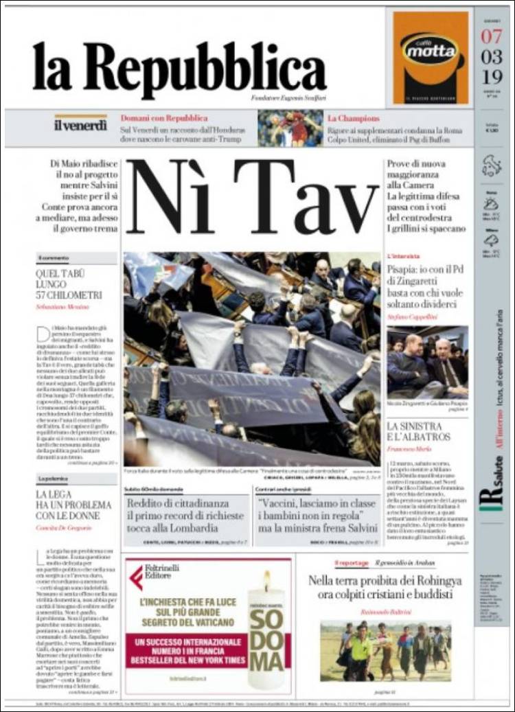 Portada de La Repubblica (Italia)