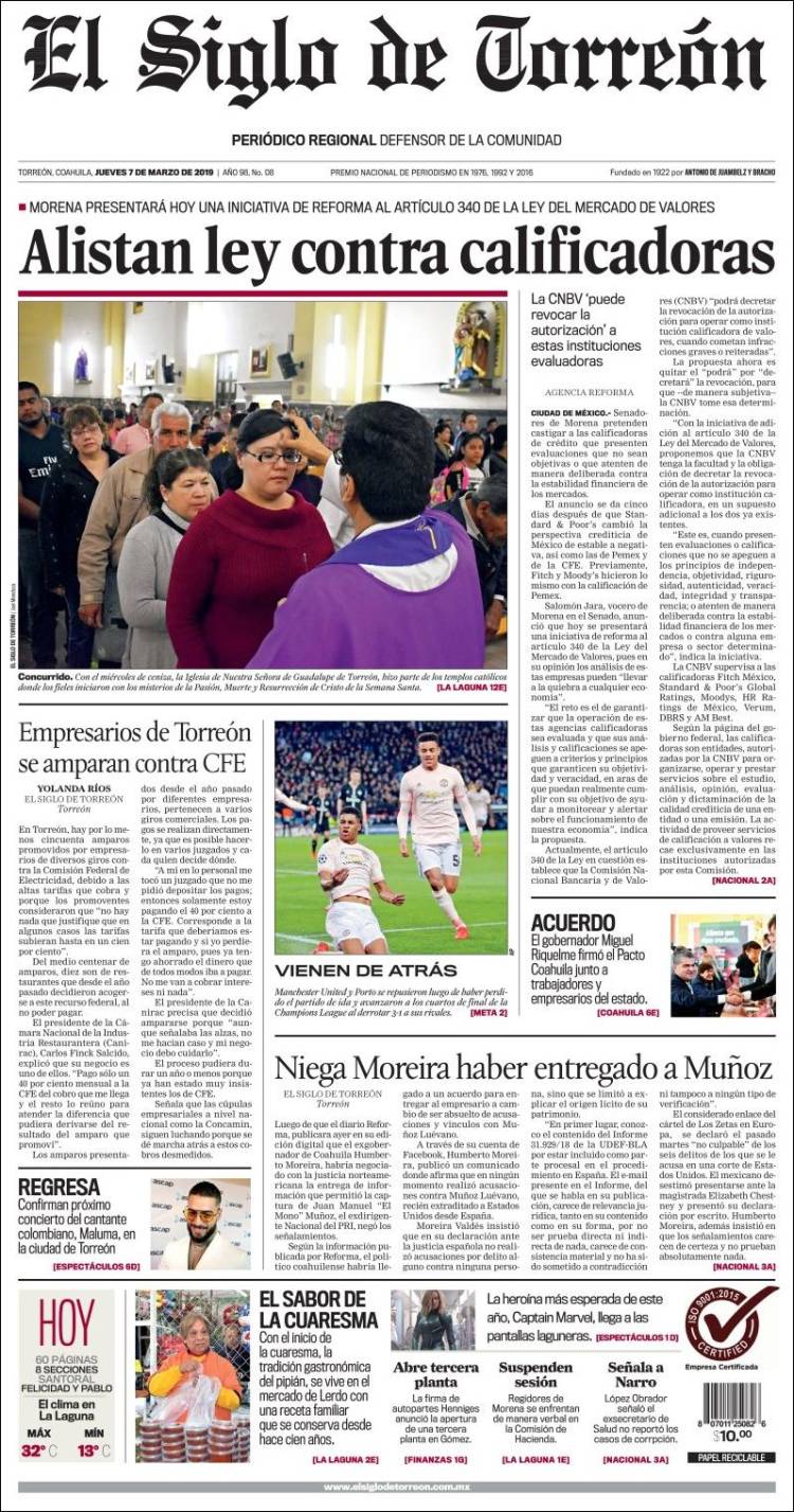 Portada de El Siglo de Torreon (México)