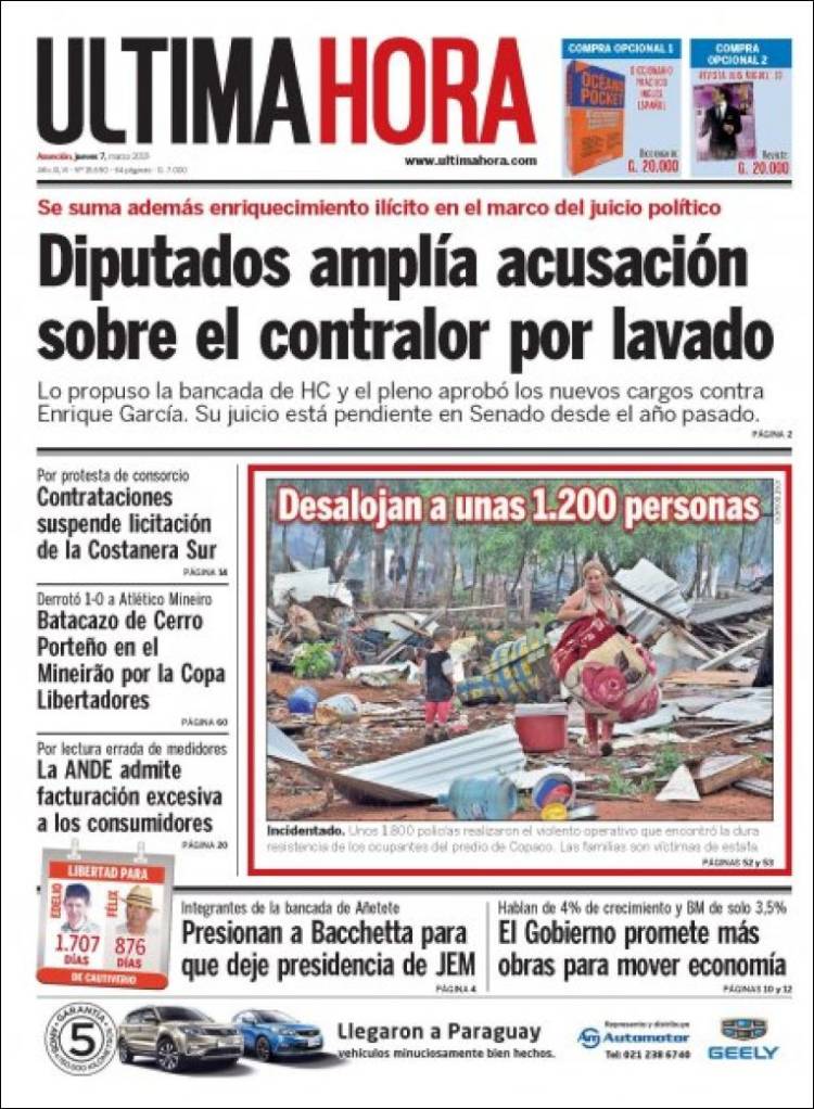 Portada de Última Hora (Paraguay)