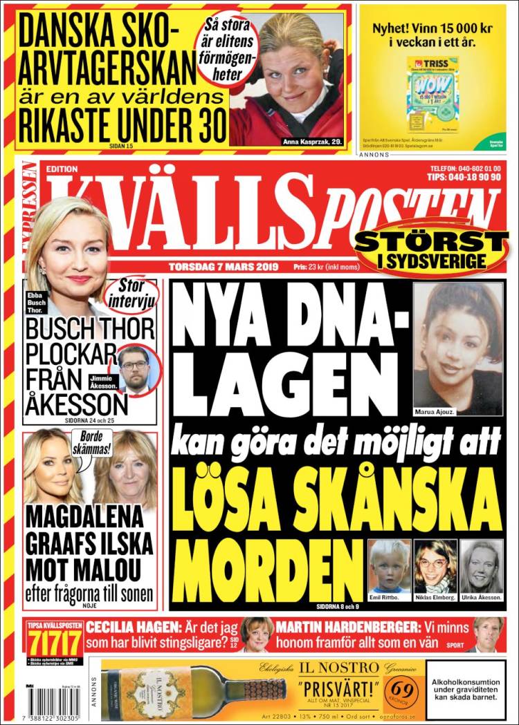 Portada de Kvällsposten (Suecia)