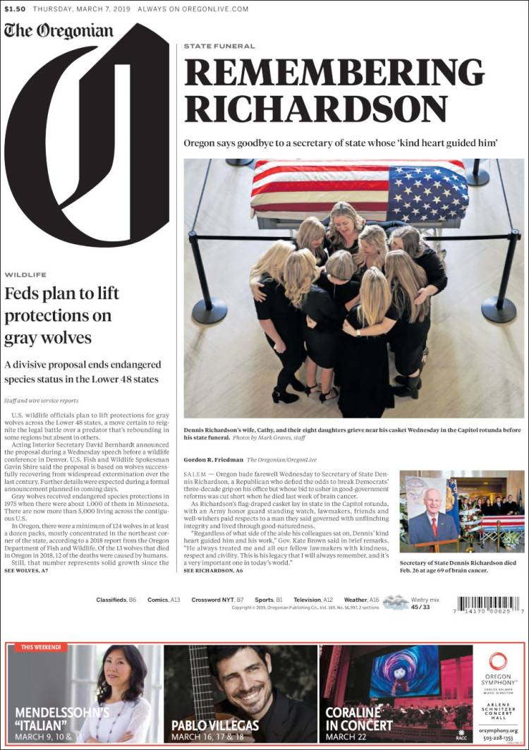 Portada de The Oregonian (USA)