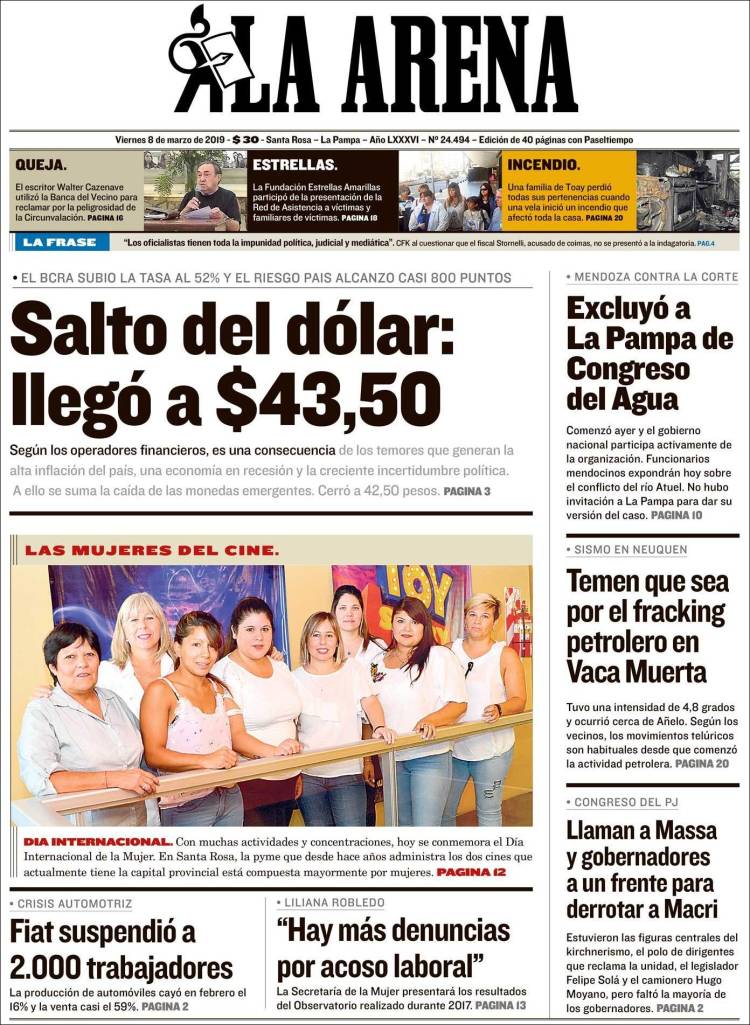 Portada de Diario La Arena (Argentina)