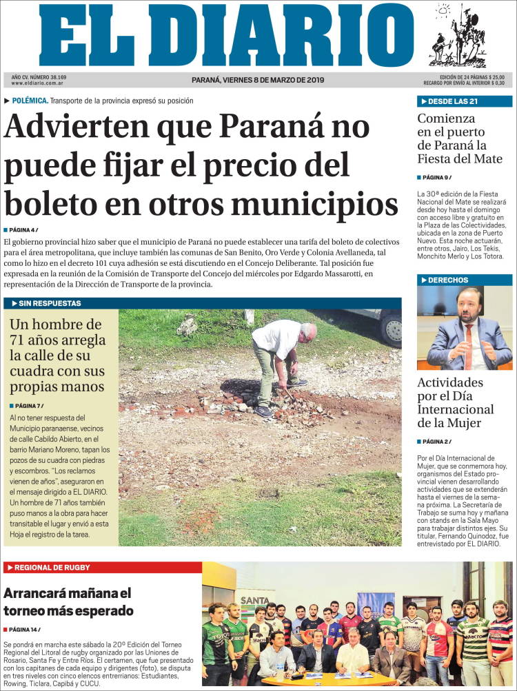 Portada de El Diario de Paraná (Argentina)