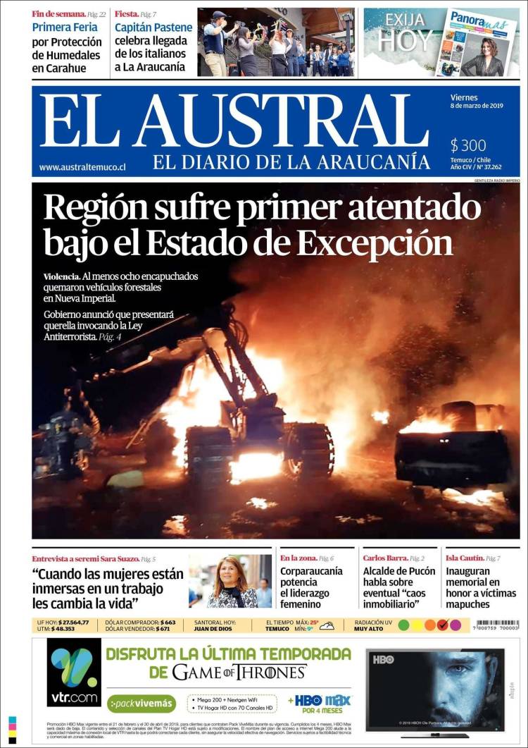 Portada de El Austral de Temuco (Chile)