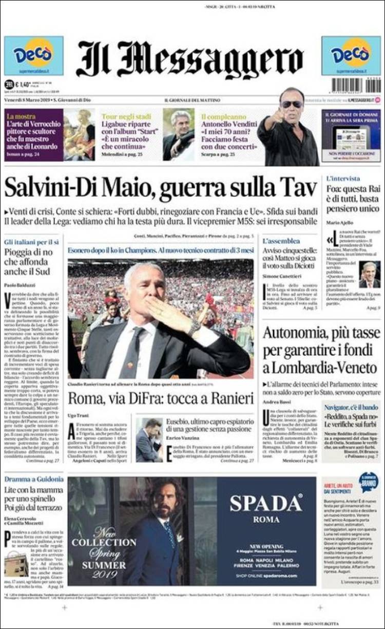 Portada de Il Messaggero (Italia)