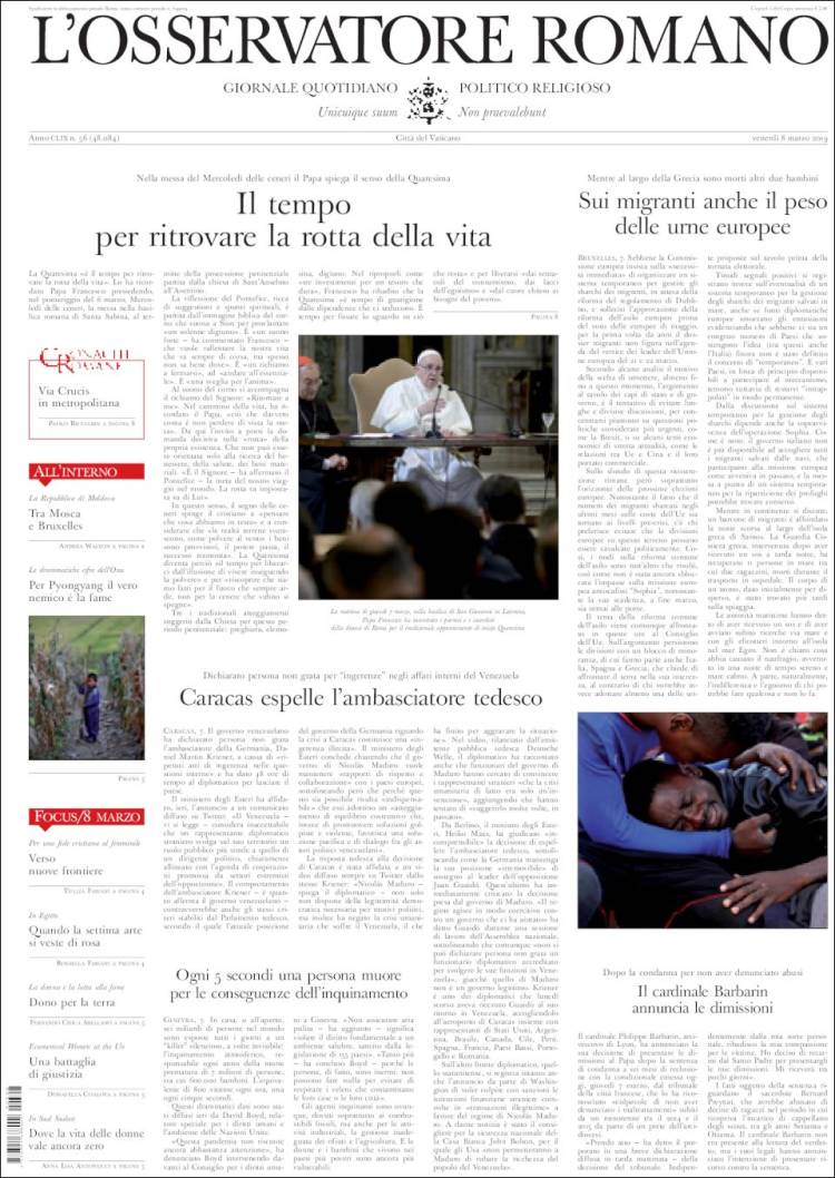 Portada de L'Osservatore Romano (Italia)