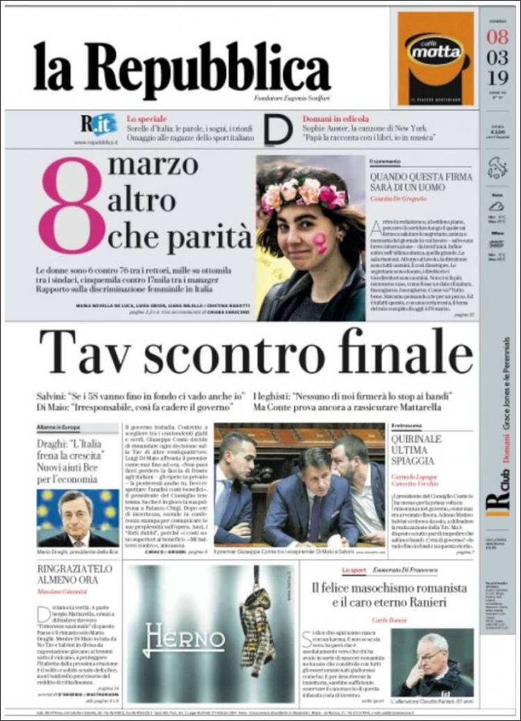 Portada de La Repubblica (Italia)