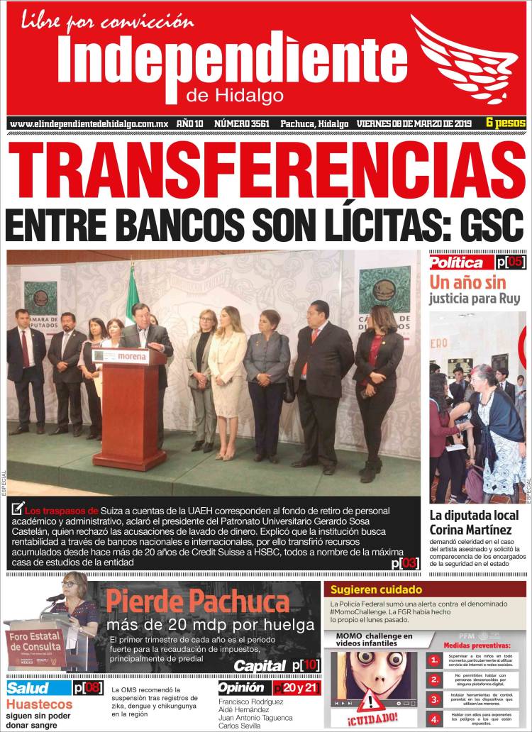 Portada de El Independiente de Hidalgo (M&eacute;xico)