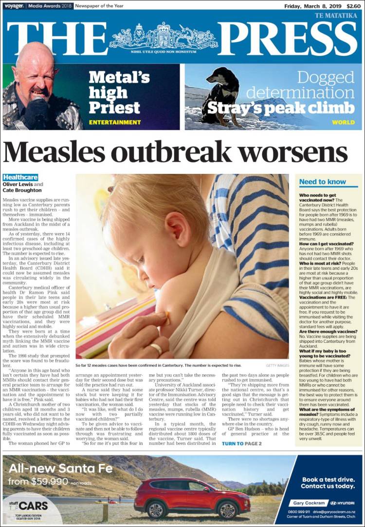 Portada de The Press (Nueva Zelanda)