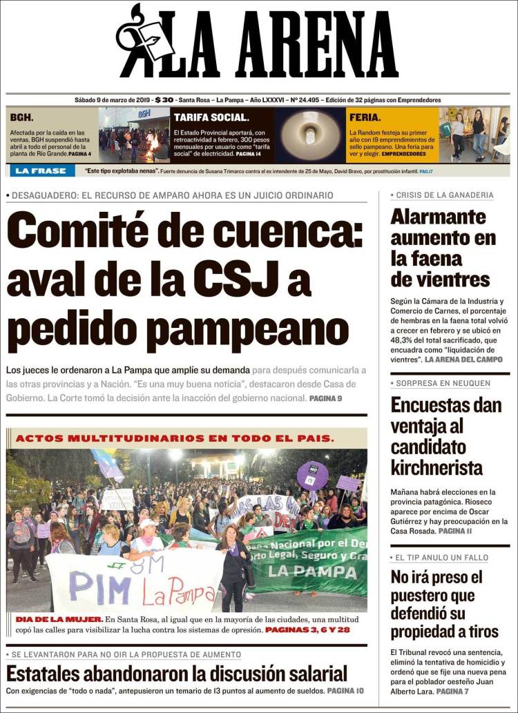 Portada de Diario La Arena (Argentina)