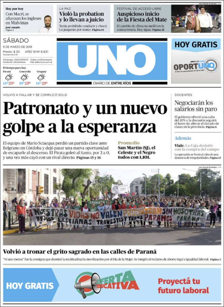 Portada de Diario Uno de Entre Ríos (Argentina)