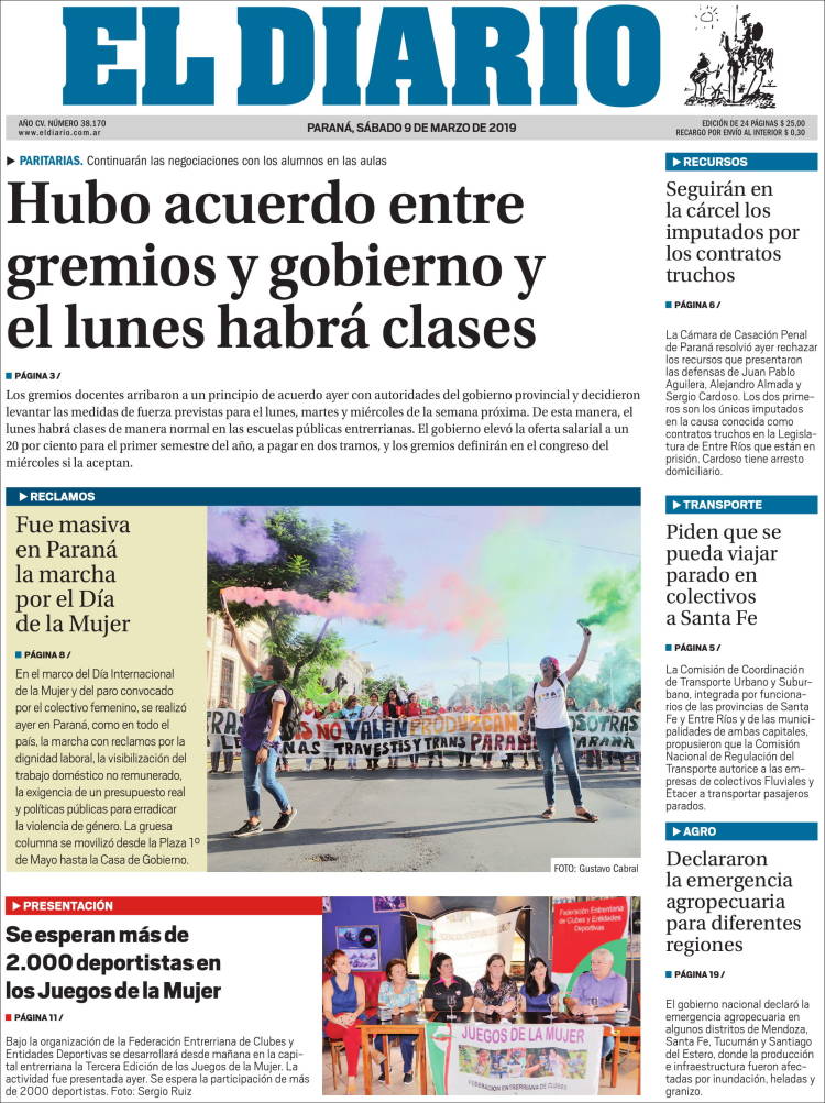 Portada de El Diario de Paraná (Argentina)