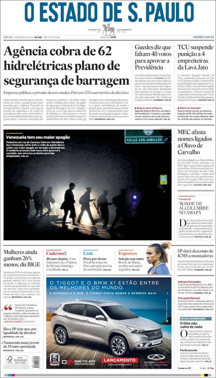 Portada de O Estado de São Paulo (Brasil)