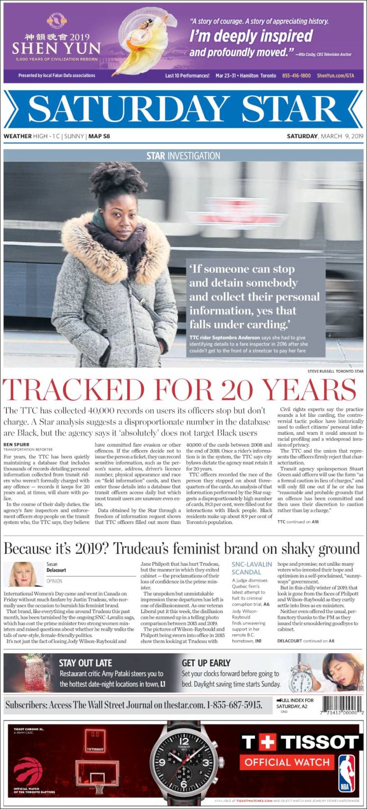 Portada de The Toronto Star (Canadá)