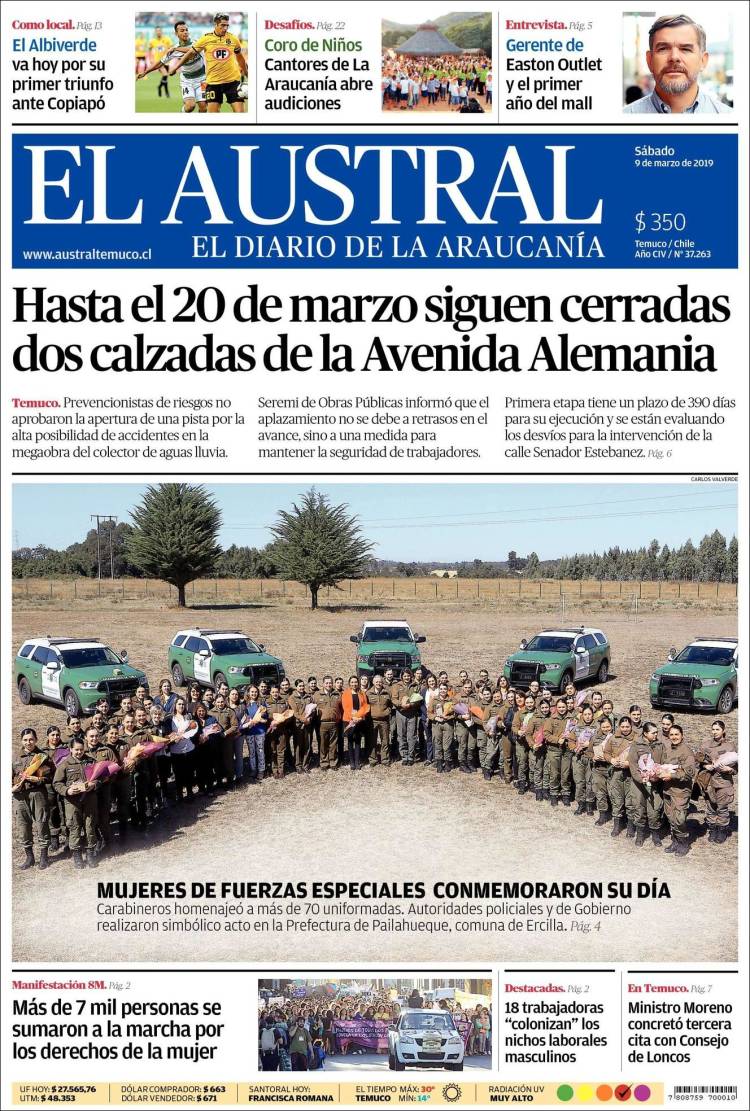 Portada de El Austral de Temuco (Chile)