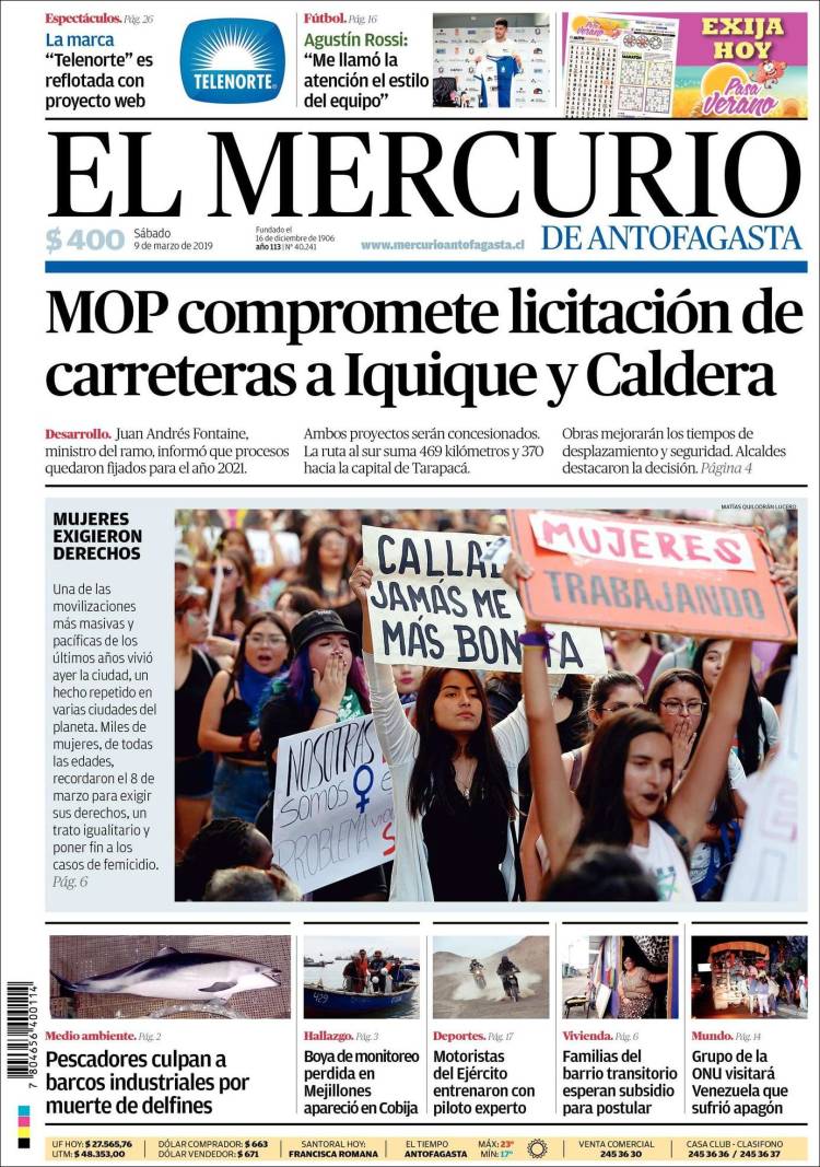 Portada de El Mercurio de Antofagasta (Chile)