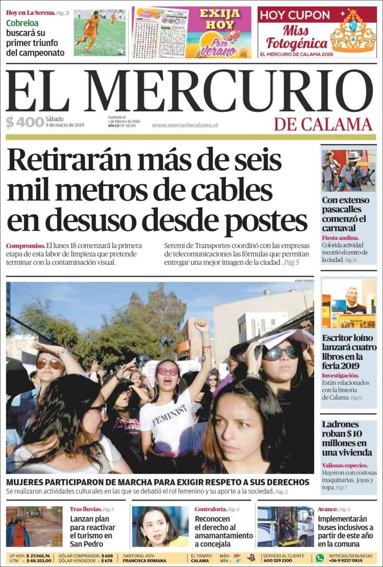Portada de El Mercurio - Calama (Chile)