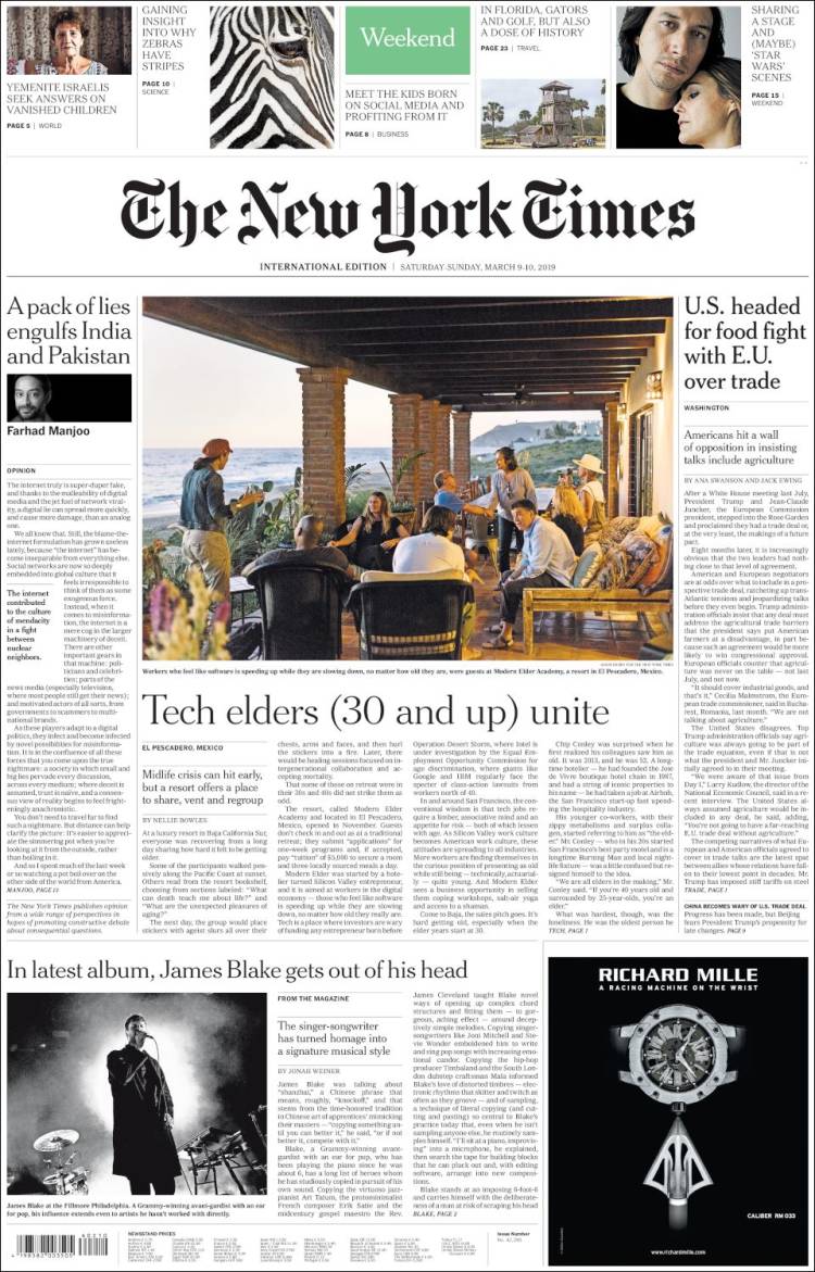 Portada de International New York Times (Europa)