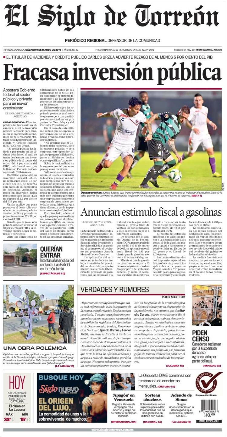 Portada de El Siglo de Torreon (M&eacute;xico)